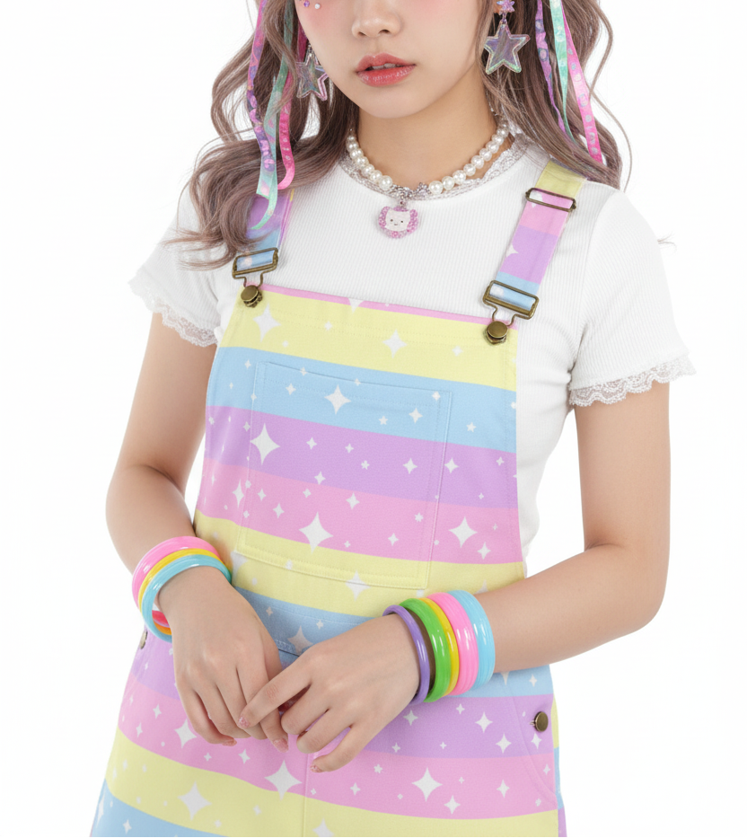 Kawaii fashion Harajuku style Jfashion fairy kei yumekawaii yume kawaii Japanese street fashion Cutecore jojifuku heisei retro Rainbow Ribbon Unisex Shorts Overalls With Adjustable Straps And Pockets pastel rainbow colorful color block stars sparkles stripes cute