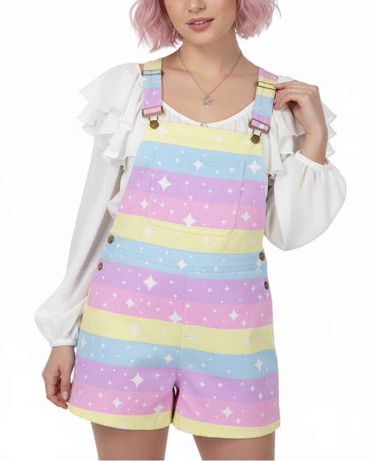 Kawaii fashion Harajuku style Jfashion fairy kei yumekawaii yume kawaii Japanese street fashion Cutecore jojifuku heisei retro Rainbow Ribbon Unisex Shorts Overalls With Adjustable Straps And Pockets pastel rainbow colorful color block stars sparkles stripes cute