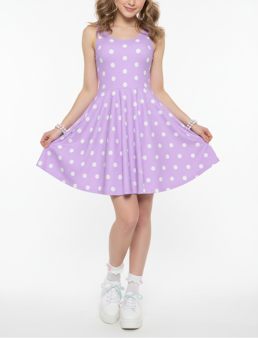 Kawaii fashion Jfashion Cute Polka Dots Skater Dress With Pockets (Fairy Kei Pastel Purple) Harajuku style Japanese street fashion cutecore jojifuku Yumekawaii yume kawaii  lavender lilac violet