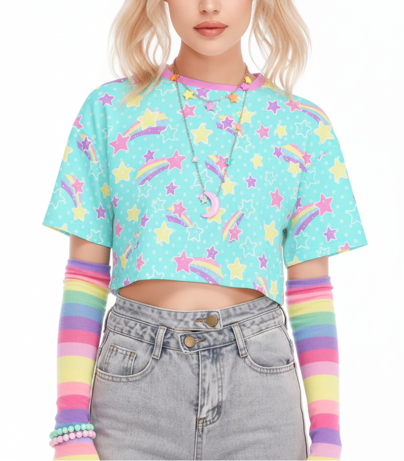 Kawaii fashion Jfashion Harajuku fashion fairy kei yume kawaii cutecore cute jojifuku Starry Party Blue Cotton Crop Top shooting stars alt fashion 
