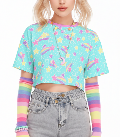 Kawaii fashion Jfashion Harajuku fashion fairy kei yume kawaii cutecore cute jojifuku Starry Party Blue Cotton Crop Top shooting stars alt fashion 