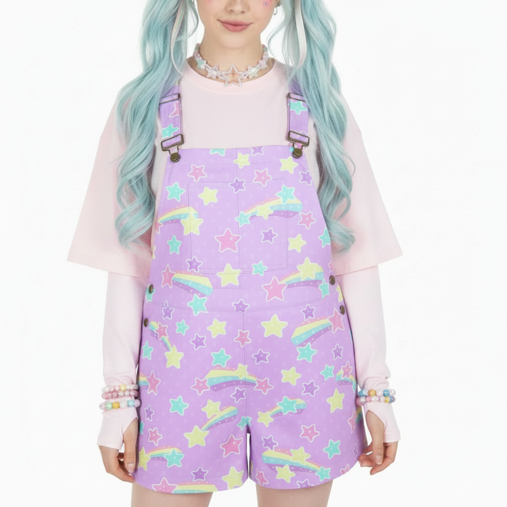 Kawaii fashion Jfashion Harajuku fashion fairy kei yume kawaii cutecore jojifuku Japanese street fashion Starry Party Purple Unisex Shorts Overalls With Adjustable Straps And Pockets pastel rainbow lilac lavender violet