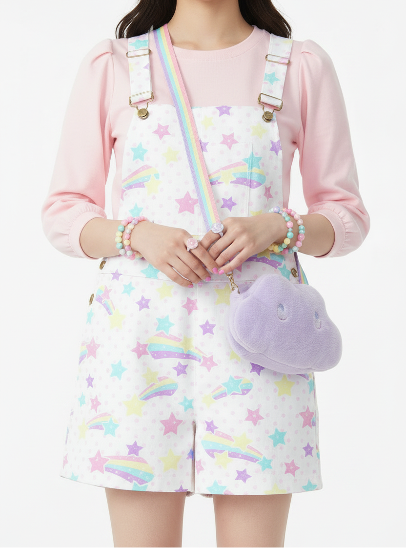 Kawaii fashion Jfashion Harajuku fashion fairy kei yume kawaii cutecore jojifuku Japanese street fashion Starry Party White Unisex Shorts Overalls With Adjustable Straps And Pockets pastel rainbow 