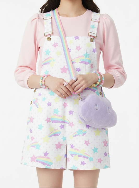 Kawaii fashion Jfashion Harajuku fashion fairy kei yume kawaii cutecore jojifuku Japanese street fashion Starry Party White Unisex Shorts Overalls With Adjustable Straps And Pockets pastel rainbow 