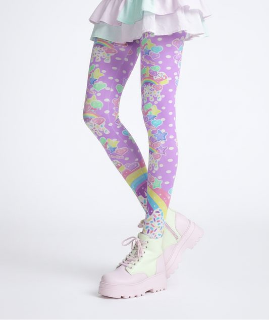 Kawaii fashion Jfashion Harajuku style Japanese street fashion Cutecore Jojifuku Rainbow Sweets Stretchy Tights (Cute Polka Dots Purple) Candy sprinkles cupcake colorful pop kei dopamine dressing lavender lilac violet