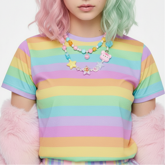 Kawaii fashion Jfashion Harajuku style Japanese street fashion Decora decora kei Cutecore Jojifuku Heisei retro colorful colors tee Fruity Rainbow T-Shirt (Color Block) pastel rainbow dopamine dressing cute 