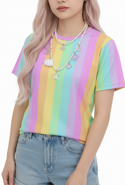 Kawaii fashion Jfashion Harajuku style Japanese street fashion Decora decora kei Cutecore Jojifuku Heisei retro colorful colors tee Fruity Rainbow T-Shirt (Color Block) pastel rainbow dopamine dressing cute 