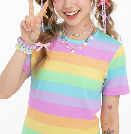 Kawaii fashion Jfashion Harajuku style Japanese street fashion Decora decora kei Cutecore Jojifuku Heisei retro colorful colors tee Fruity Rainbow T-Shirt (Color Block) pastel rainbow dopamine dressing cute 