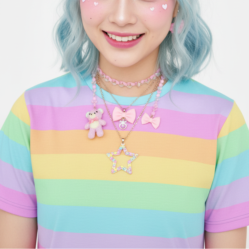 Kawaii fashion Jfashion Harajuku style Japanese street fashion Decora decora kei Cutecore Jojifuku Heisei retro colorful colors tee Fruity Rainbow T-Shirt (Color Block) pastel rainbow dopamine dressing cute 