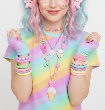 Kawaii fashion Jfashion Harajuku style Japanese street fashion Decora decora kei Cutecore Jojifuku Heisei retro colorful colors tee Fruity Rainbow T-Shirt (Color Block) pastel rainbow dopamine dressing cute 