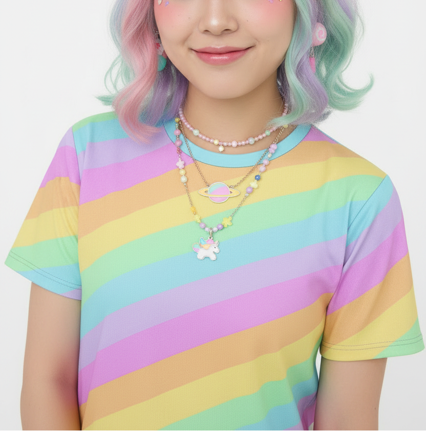 Kawaii fashion Jfashion Harajuku style Japanese street fashion Decora decora kei Cutecore Jojifuku Heisei retro colorful colors tee Fruity Rainbow T-Shirt (Color Block) pastel rainbow dopamine dressing cute 