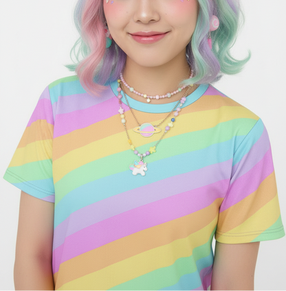 Kawaii fashion Jfashion Harajuku style Japanese street fashion Decora decora kei Cutecore Jojifuku Heisei retro colorful colors tee Fruity Rainbow T-Shirt (Color Block) pastel rainbow dopamine dressing cute 