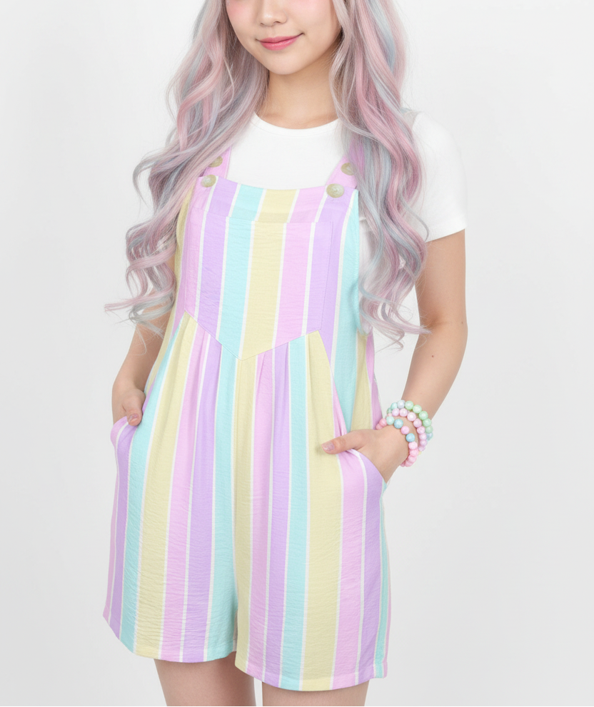 Kawaii fashion Jfashion Harajuku style Japanese street fashion Fairy kei Yume kawaii Cutecore Jojifuku Heisei retro Pastel Stripes Adjustable Strap Romper Overall Shorts With Pockets color block Mahou kei magical girl pastel rainbow colors