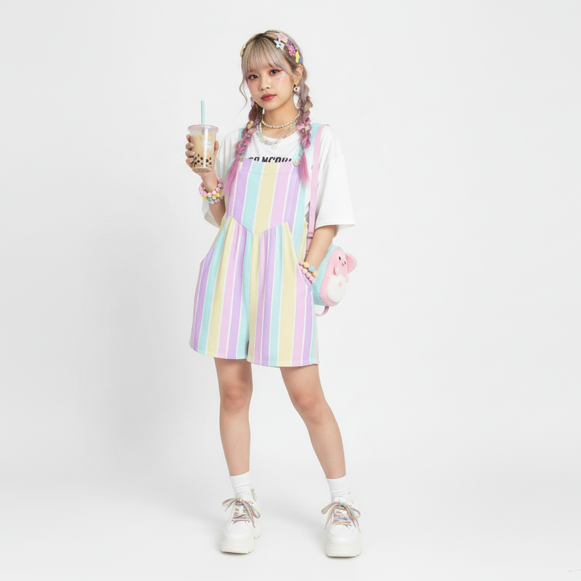 Kawaii fashion Jfashion Harajuku style Japanese street fashion Fairy kei Yume kawaii Cutecore Jojifuku Heisei retro Pastel Stripes Adjustable Strap Romper Overall Shorts With Pockets color block Mahou kei magical girl pastel rainbow colors