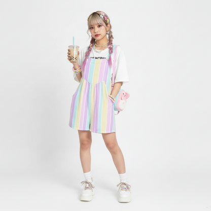Kawaii fashion Jfashion Harajuku style Japanese street fashion Fairy kei Yume kawaii Cutecore Jojifuku Heisei retro Pastel Stripes Adjustable Strap Romper Overall Shorts With Pockets color block Mahou kei magical girl pastel rainbow colors