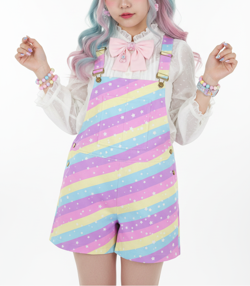 Kawaii fashion Jfashion Harajuku style Japanese street fashion Fairy kei Yume kawaii Mahou kei magical girl Cutecore jojifuku heisei retro Starry Party Rainbow Unisex Shorts Overalls With Adjustable Straps And Pockets colorful dopamine dressing color block 