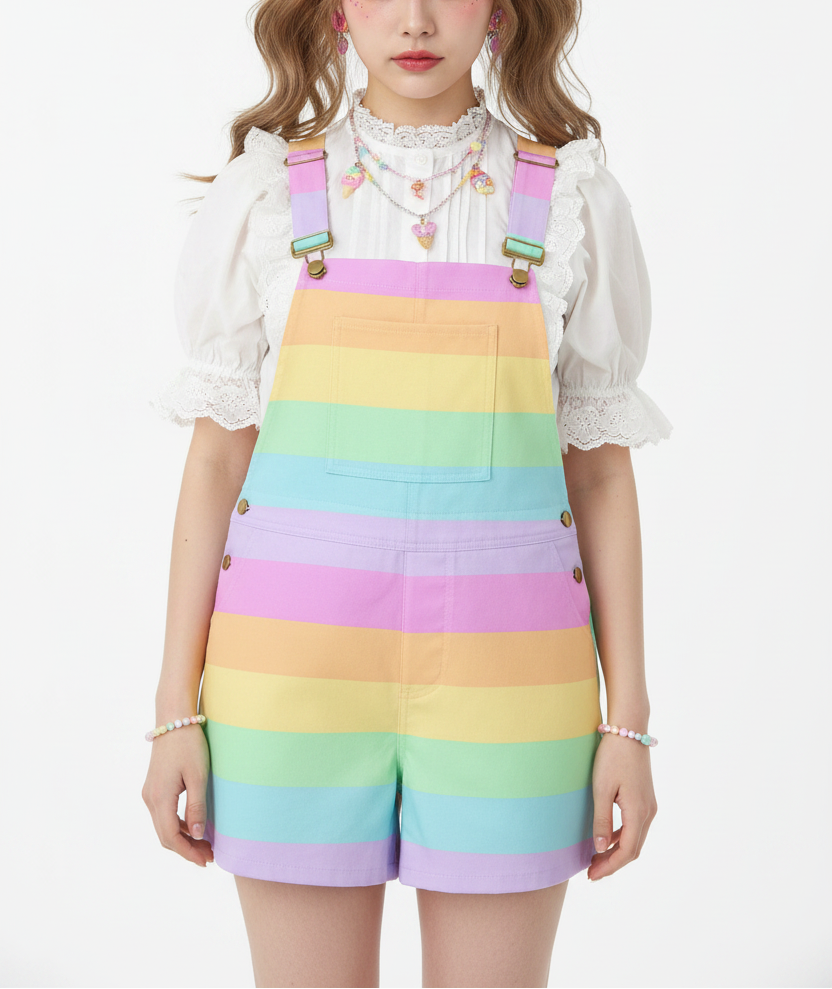 Kawaii fashion Jfashion Harajuku style Japanese street fashion decora kei kidcore cutecore jojifuku heisei retro Fruity Rainbow Unisex Shorts Overalls With Adjustable Straps And Pockets (Color Block) colorful colors