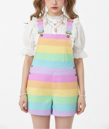 Kawaii fashion Jfashion Harajuku style Japanese street fashion decora kei kidcore cutecore jojifuku heisei retro Fruity Rainbow Unisex Shorts Overalls With Adjustable Straps And Pockets (Color Block) colorful colors