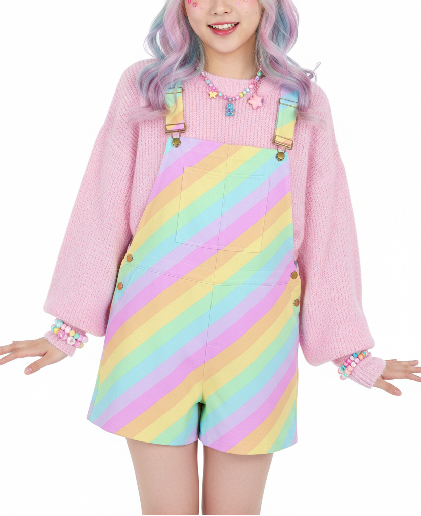 Kawaii fashion Jfashion Harajuku style Japanese street fashion decora kei kidcore cutecore jojifuku heisei retro Fruity Rainbow Unisex Shorts Overalls With Adjustable Straps And Pockets (Color Block) colorful colors