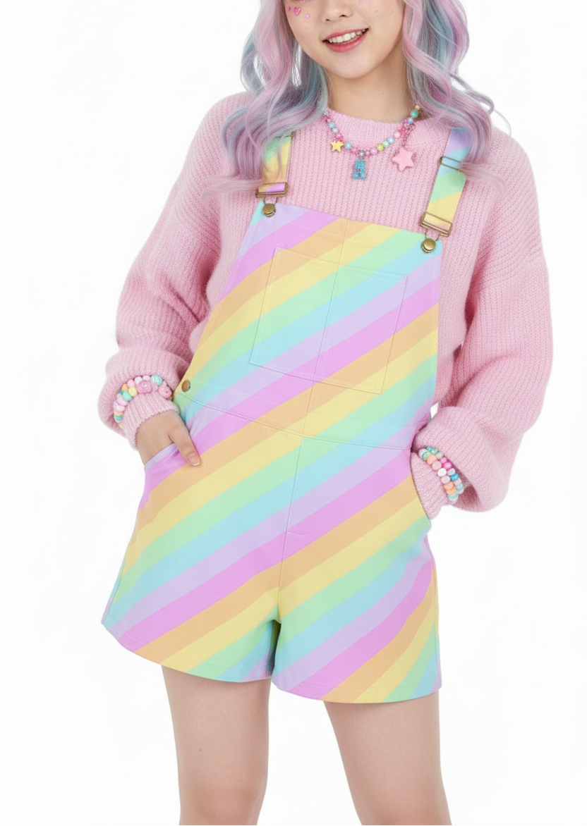 Kawaii fashion Jfashion Harajuku style Japanese street fashion decora kei kidcore cutecore jojifuku heisei retro Fruity Rainbow Unisex Shorts Overalls With Adjustable Straps And Pockets (Color Block) colorful colors