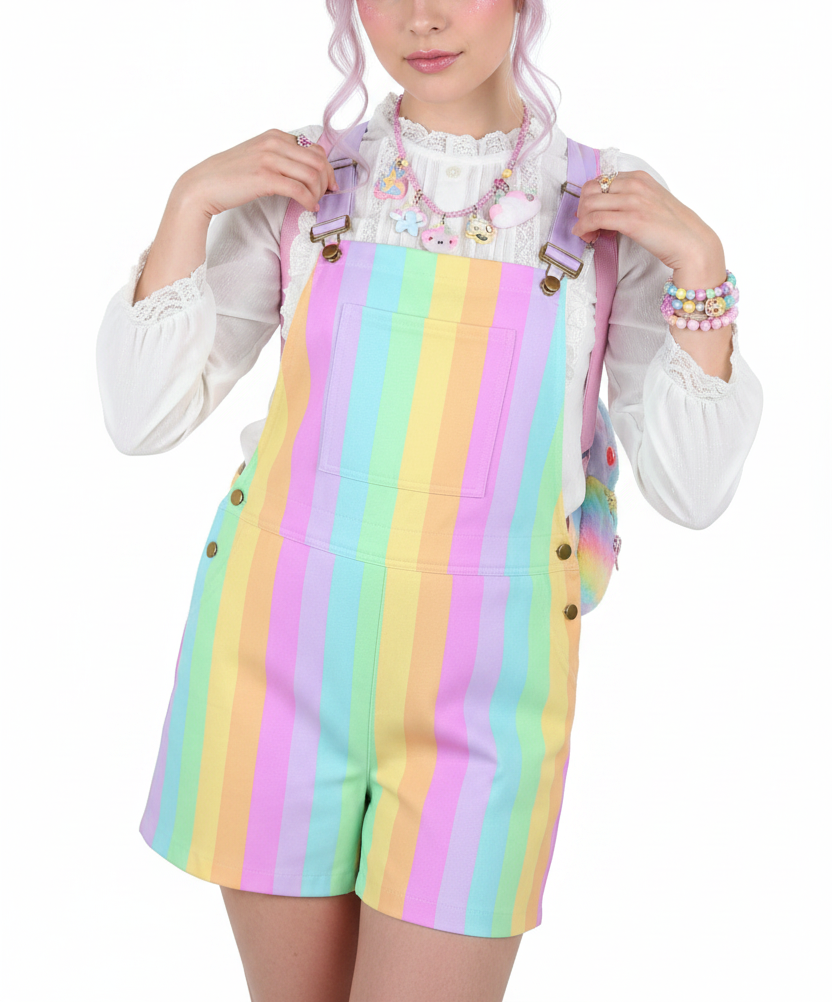 Kawaii fashion Jfashion Harajuku style Japanese street fashion decora kei kidcore cutecore jojifuku heisei retro Fruity Rainbow Unisex Shorts Overalls With Adjustable Straps And Pockets (Color Block) colorful colors