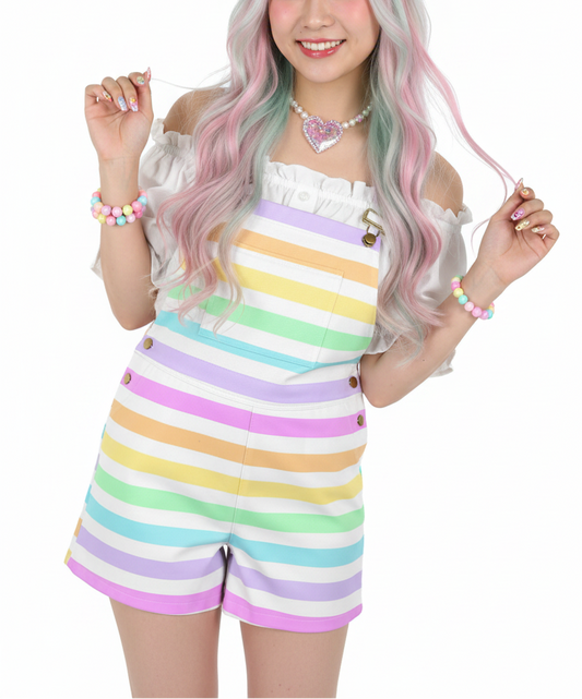 Kawaii fashion Jfashion Harajuku style Japanese street fashion decora kei kidcore cutecore jojifuku heisei retro Fruity Rainbow Unisex Shorts Overalls With Adjustable Straps And Pockets (Stripes) colorful colors