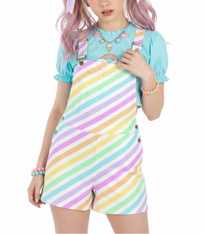 Kawaii fashion Jfashion Harajuku style Japanese street fashion decora kei kidcore cutecore jojifuku heisei retro Fruity Rainbow Unisex Shorts Overalls With Adjustable Straps And Pockets (Stripes) colorful colors