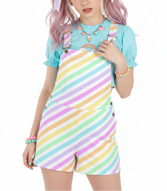 Kawaii fashion Jfashion Harajuku style Japanese street fashion decora kei kidcore cutecore jojifuku heisei retro Fruity Rainbow Unisex Shorts Overalls With Adjustable Straps And Pockets (Stripes) colorful colors