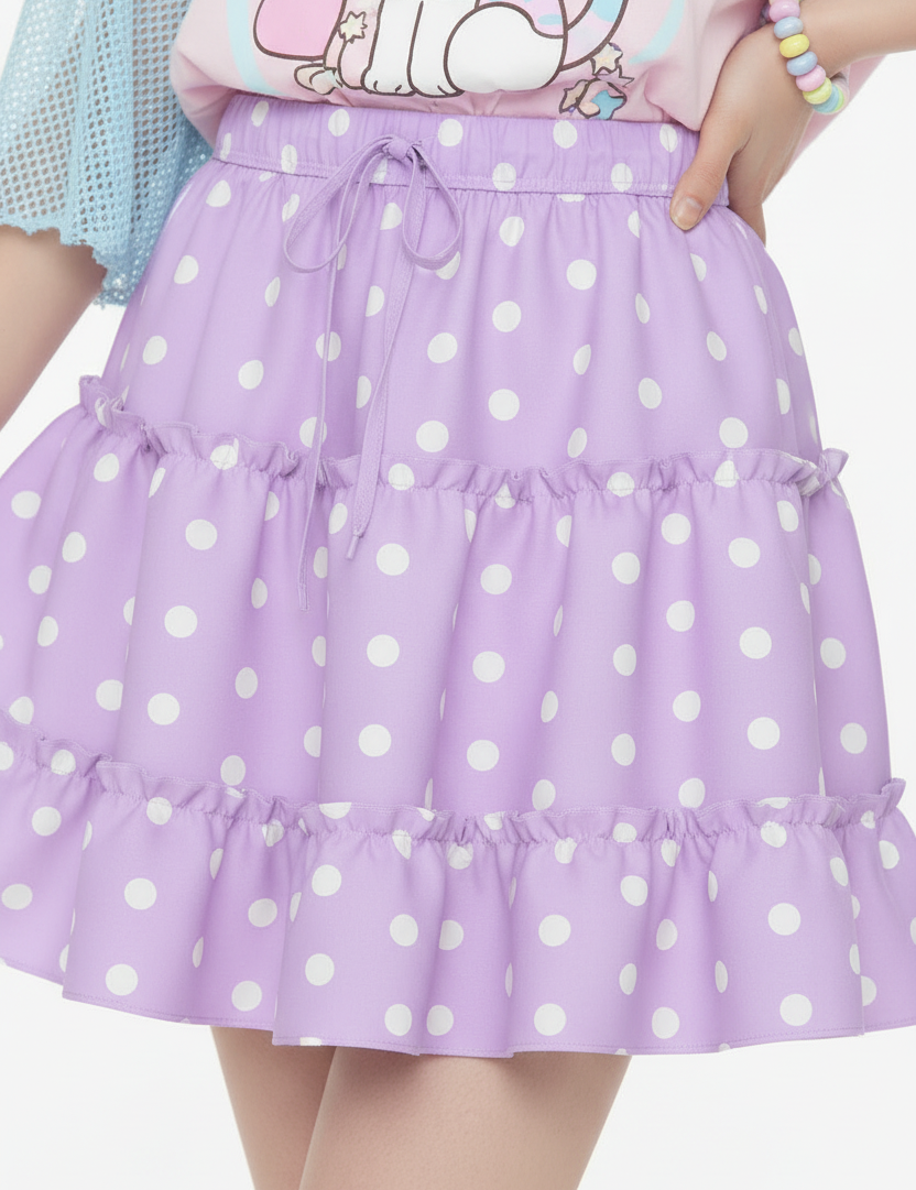 Kawaii fashion Jfashion Harajuku style Japanese street fashion fairy kei Yume kawaii cutecore jojifuku heisei retro Cutie Polka Dots Purple Waist Tie Tiered Ruffle Mini Skirt pastel lilac lavender violet daisy duck disney bounding
