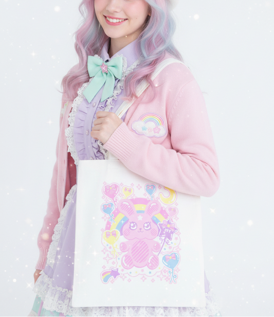Kawaii fashion Jfashion Harajuku style egl fairy kei yume kawaii cutecore jojifuku Heisei tetro era Bubblegum Bunny Cotton Tote Bag Pastel rainbow colorful Holley Tea Time Cute