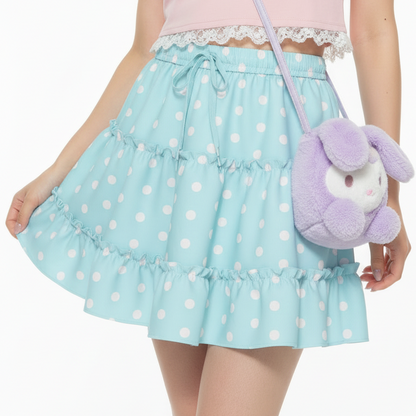 Kawaii fashion Jfashion Harajuku style fairy kei yume kawaii cutecore jojifuku heisei retro Cutie Polka Dots blue Waist Tie Tiered Ruffle Mini Skirt pastel blue aqua