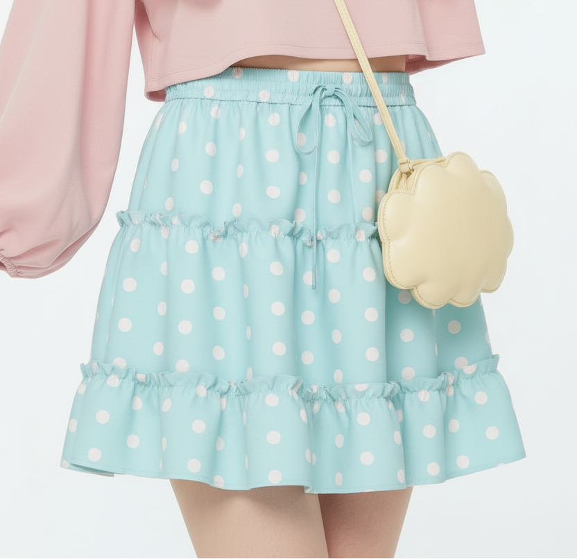 Kawaii fashion Jfashion Harajuku style fairy kei yume kawaii cutecore jojifuku heisei retro Cutie Polka Dots blue Waist Tie Tiered Ruffle Mini Skirt pastel blue aqua