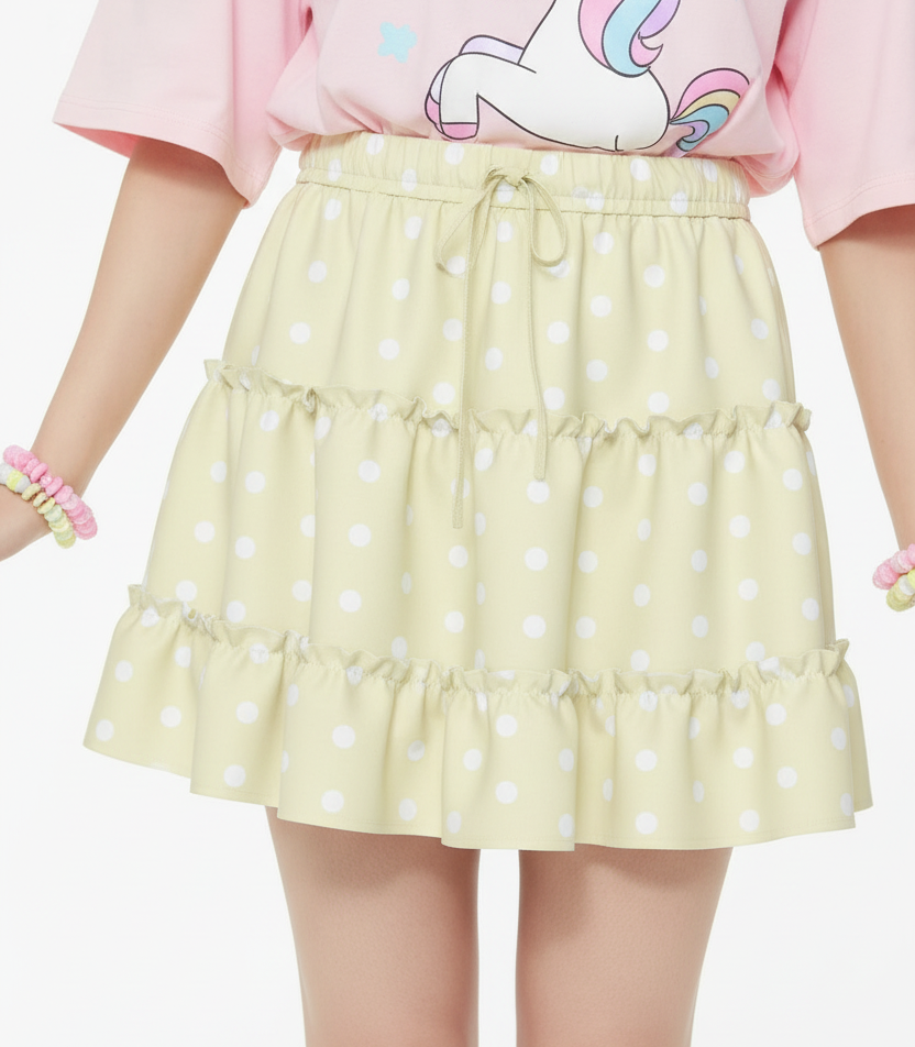 Kawaii fashion Jfashion Harajuku style fairy kei yume kawaii cutecore jojifuku heisei retro Cutie Polka Dots yellow Waist Tie Tiered Ruffle Mini Skirt pastel yellow