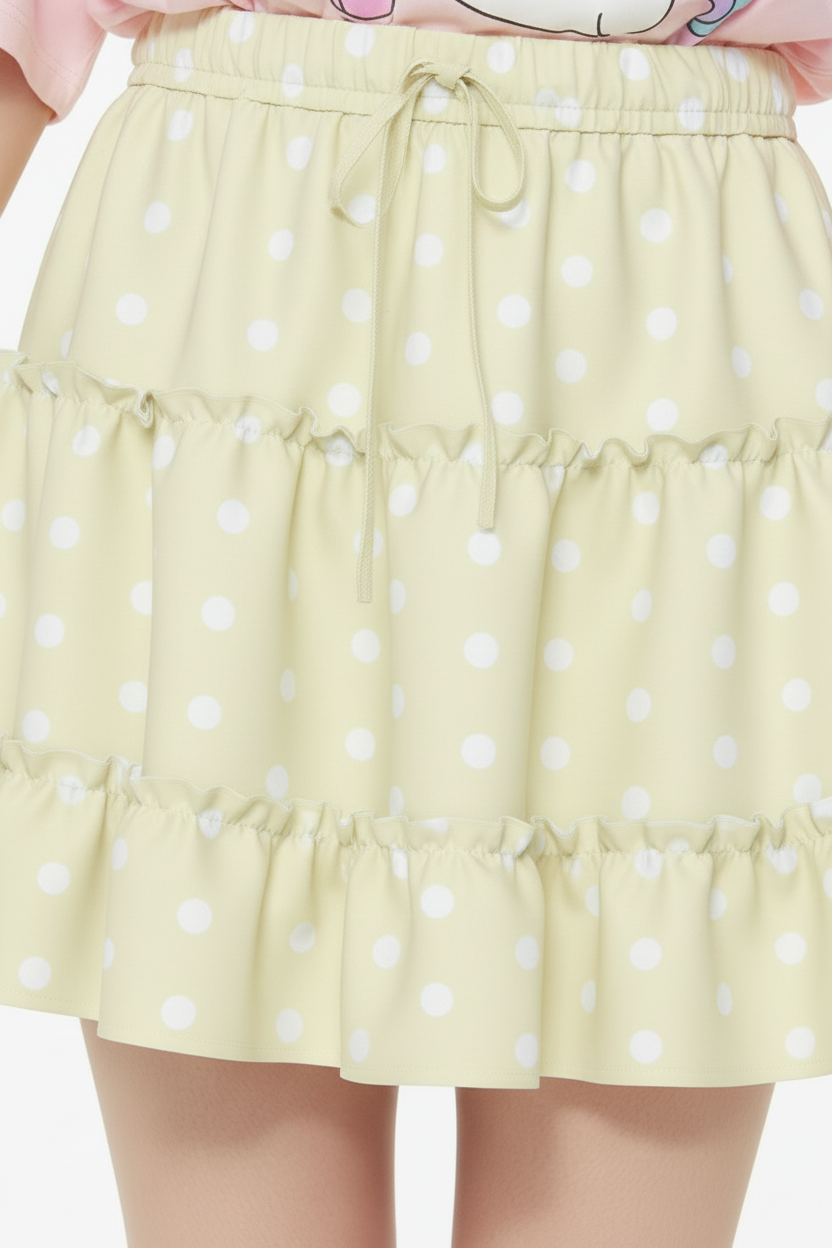 Kawaii fashion Jfashion Harajuku style fairy kei yume kawaii cutecore jojifuku heisei retro Cutie Polka Dots yellow Waist Tie Tiered Ruffle Mini Skirt pastel yellow