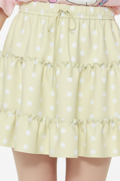 Kawaii fashion Jfashion Harajuku style fairy kei yume kawaii cutecore jojifuku heisei retro Cutie Polka Dots yellow Waist Tie Tiered Ruffle Mini Skirt pastel yellow