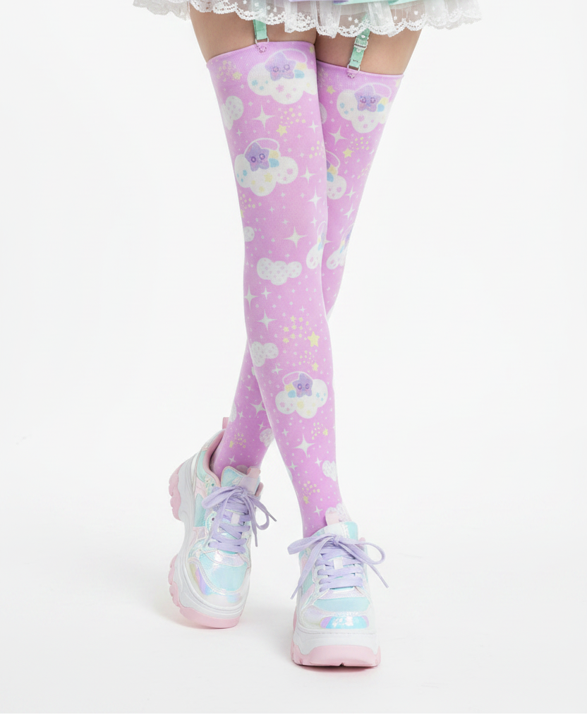 Kawaii fashion Jfashion Harajuku style fairy kei yume kawaii pastel aesthetic cutecore Japanese street fashion  Shooting Star Clouds Over Knee Stocking Socks (Pink) cute sparkle 