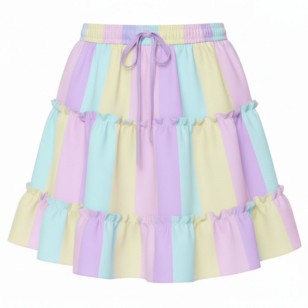 Kawaii fashion Jfashion Harajuku style fairy kei yume kaweaii cutecore jojifuku heisei retro mahou kei magical girl Pastel Stripes Waist Tie Tiered Ruffle Mini Skirt (Color Block) pastel colors pastel rainbow 
