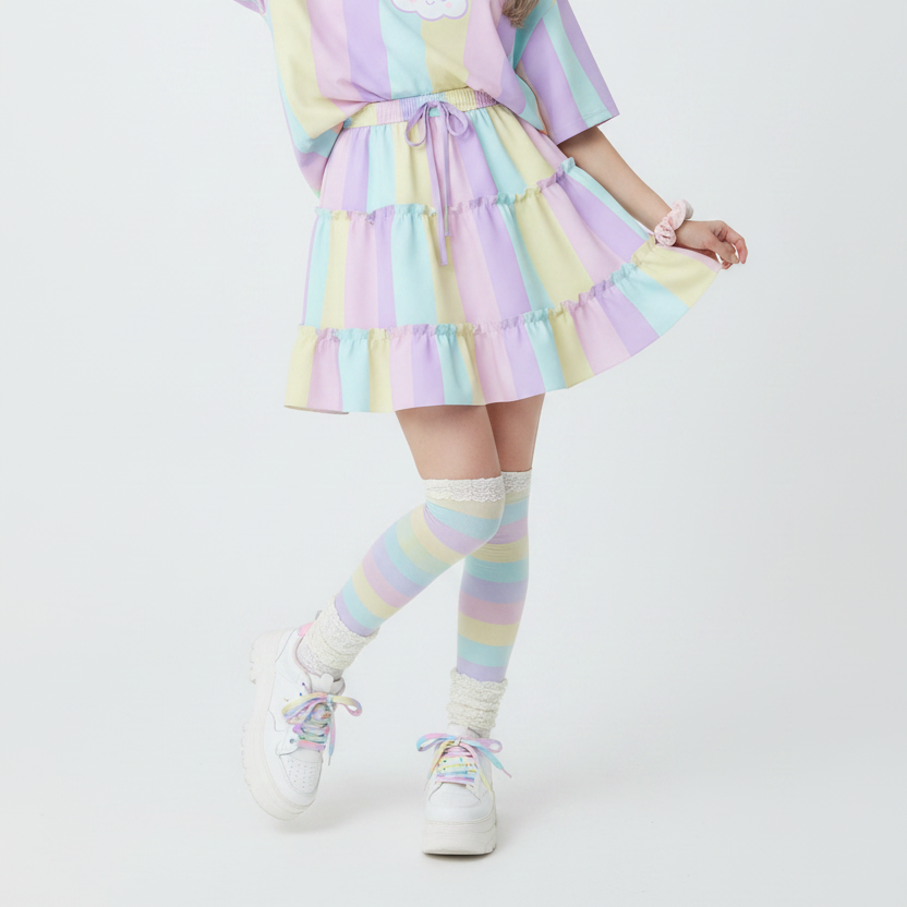 Kawaii fashion Jfashion Harajuku style fairy kei yume kaweaii cutecore jojifuku heisei retro mahou kei magical girl Pastel Stripes Waist Tie Tiered Ruffle Mini Skirt (Color Block) pastel colors pastel rainbow 