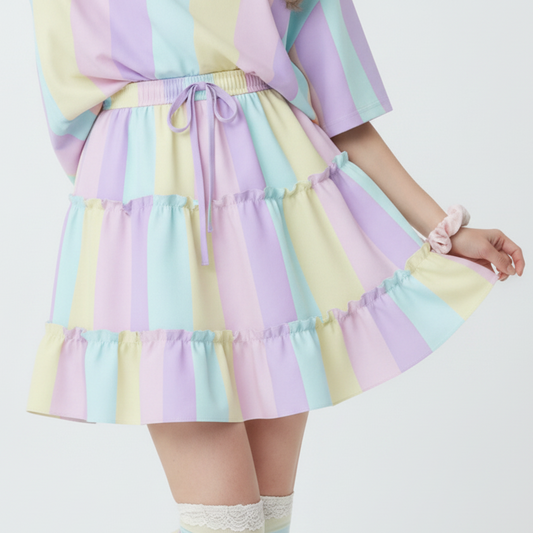 Kawaii fashion Jfashion Harajuku style fairy kei yume kaweaii cutecore jojifuku heisei retro mahou kei magical girl Pastel Stripes Waist Tie Tiered Ruffle Mini Skirt (Color Block) pastel colors pastel rainbow 