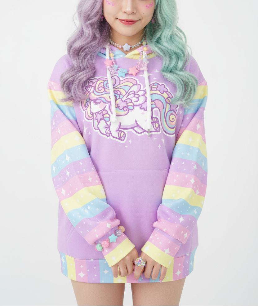 Kawaii fashion Jfashion Harajuku style fairy kei yumekawaii yume kawaii jojifuku cutecore Rainbow Stardust Unicorn Unisex Hoodie With Cat Ears colorful color block alicorn pastel purple 