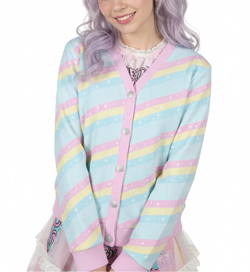Kawaii fashion Pastel rainbow fashion Harajuku fashion Jfashion Cutecore Jojifuku Magical girl mahou shoujo mahou kei Teatime Fantasy Blue Women's Ribbed Button Up Cardigan