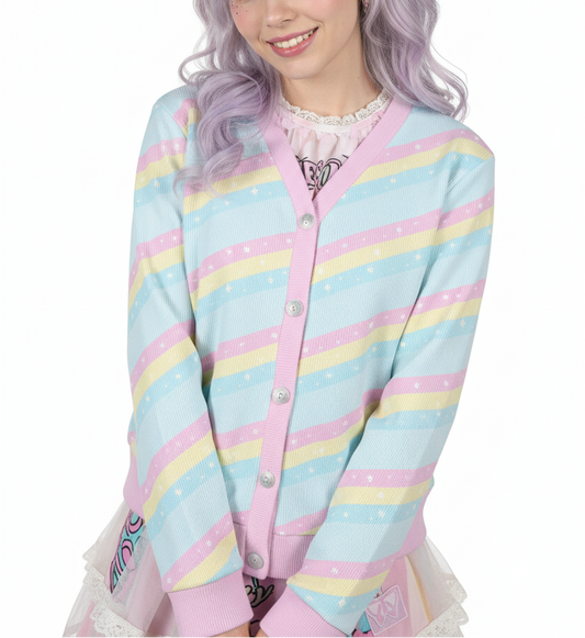 Kawaii fashion Pastel rainbow fashion Harajuku fashion Jfashion Cutecore Jojifuku Magical girl mahou shoujo mahou kei Teatime Fantasy Blue Women's Ribbed Button Up Cardigan