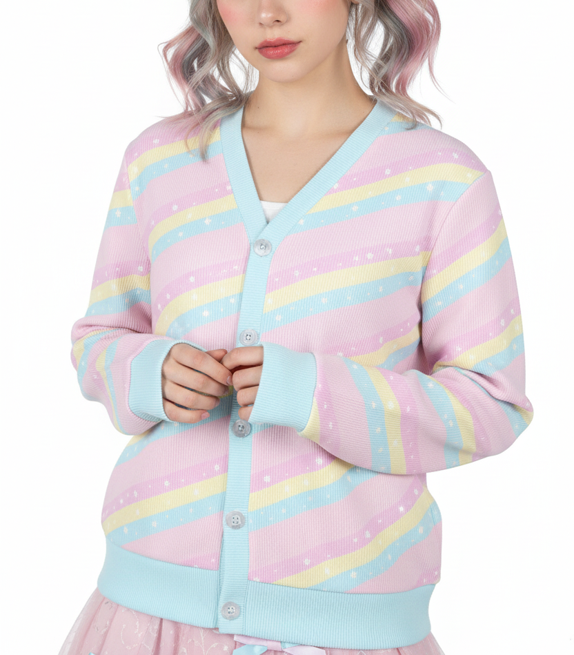 Kawaii fashion Pastel rainbow fashion Harajuku fashion Jfashion Cutecore Jojifuku Magical girl mahou shoujo mahou kei Teatime Fantasy Pink Women's Ribbed Button Up Cardigan