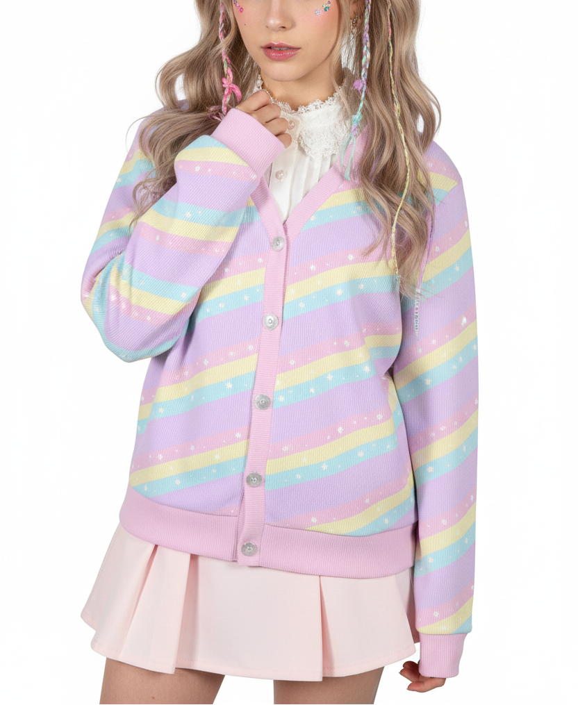Kawaii fashion Pastel rainbow fashion Harajuku fashion Jfashion Cutecore Jojifuku Magical girl mahou shoujo mahou kei Teatime Fantasy Purple Women's Ribbed Button Up Cardigan