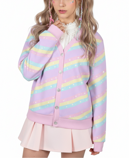 Kawaii fashion Pastel rainbow fashion Harajuku fashion Jfashion Cutecore Jojifuku Magical girl mahou shoujo mahou kei Teatime Fantasy Purple Women's Ribbed Button Up Cardigan