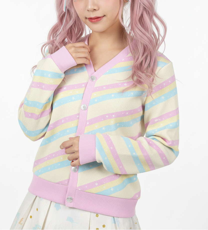 Kawaii fashion Pastel rainbow fashion Harajuku fashion Jfashion Cutecore Jojifuku Magical girl mahou shoujo mahou kei Teatime Fantasy Yellow Women's Ribbed Button Up Cardigan