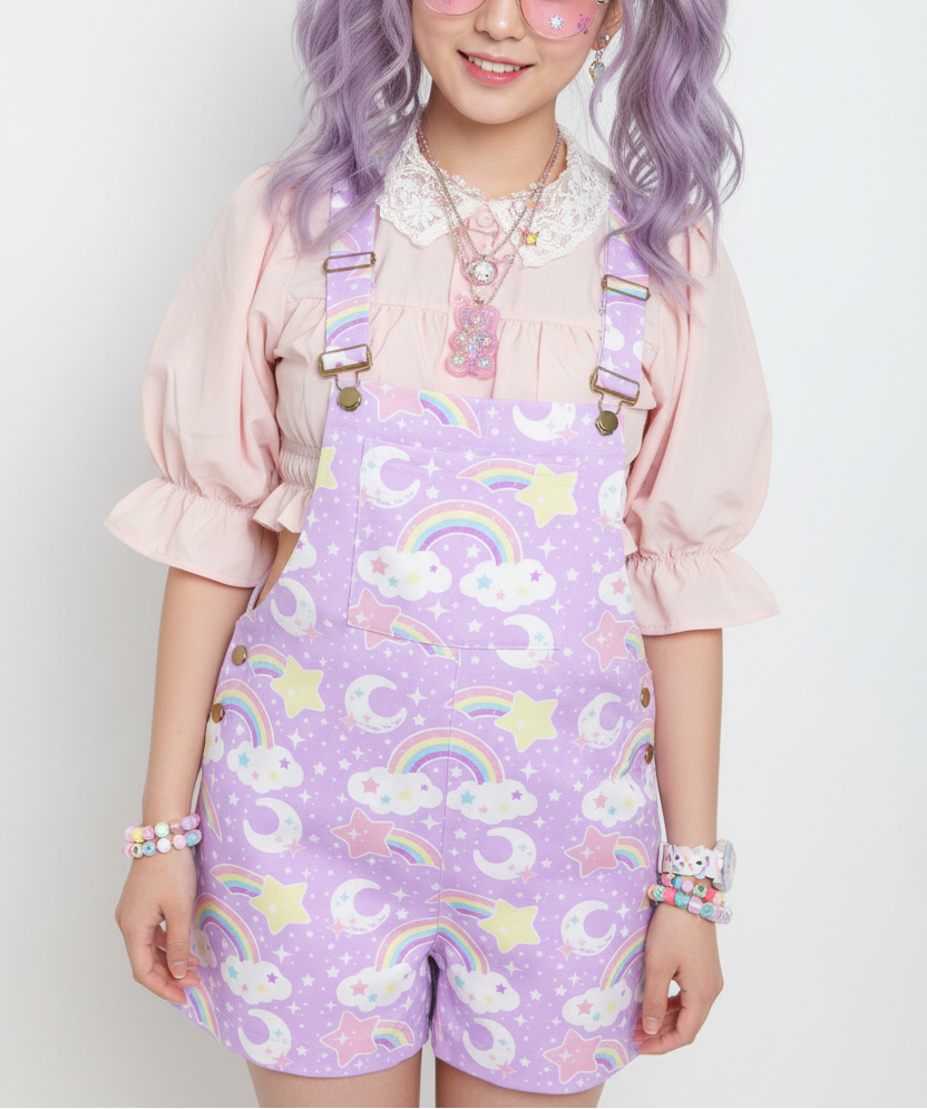 Kawaii fashion fairy kei Yume kawaii Jfashion Harajuku style Japanese street fashion Dreamy Rainbow Purple Unisex Shorts Overalls With Adjustable Straps And Pockets pastel pink moons shooting stars cutecore jojifuku mahou kei magical girl lavender violet lilac 