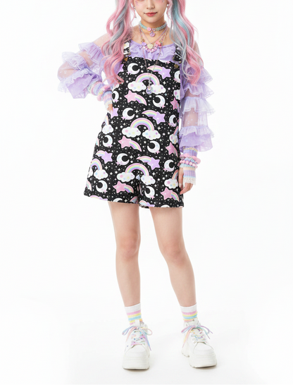 Kawaii fashion fairy kei Yume kawaii yumekawaii Jfashion Harajuku style Japanese street fashion Dreamy Rainbow Black Unisex Shorts Overalls With Adjustable Straps And Pockets pastel pink moons shooting stars cutecore jojifuku mahou kei magical girl 
