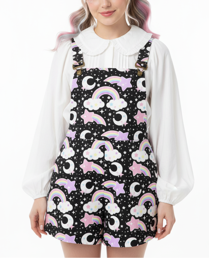 Kawaii fashion fairy kei Yume kawaii yumekawaii Jfashion Harajuku style Japanese street fashion Dreamy Rainbow Black Unisex Shorts Overalls With Adjustable Straps And Pockets pastel pink moons shooting stars cutecore jojifuku mahou kei magical girl 