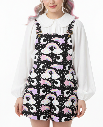 Kawaii fashion fairy kei Yume kawaii yumekawaii Jfashion Harajuku style Japanese street fashion Dreamy Rainbow Black Unisex Shorts Overalls With Adjustable Straps And Pockets pastel pink moons shooting stars cutecore jojifuku mahou kei magical girl 